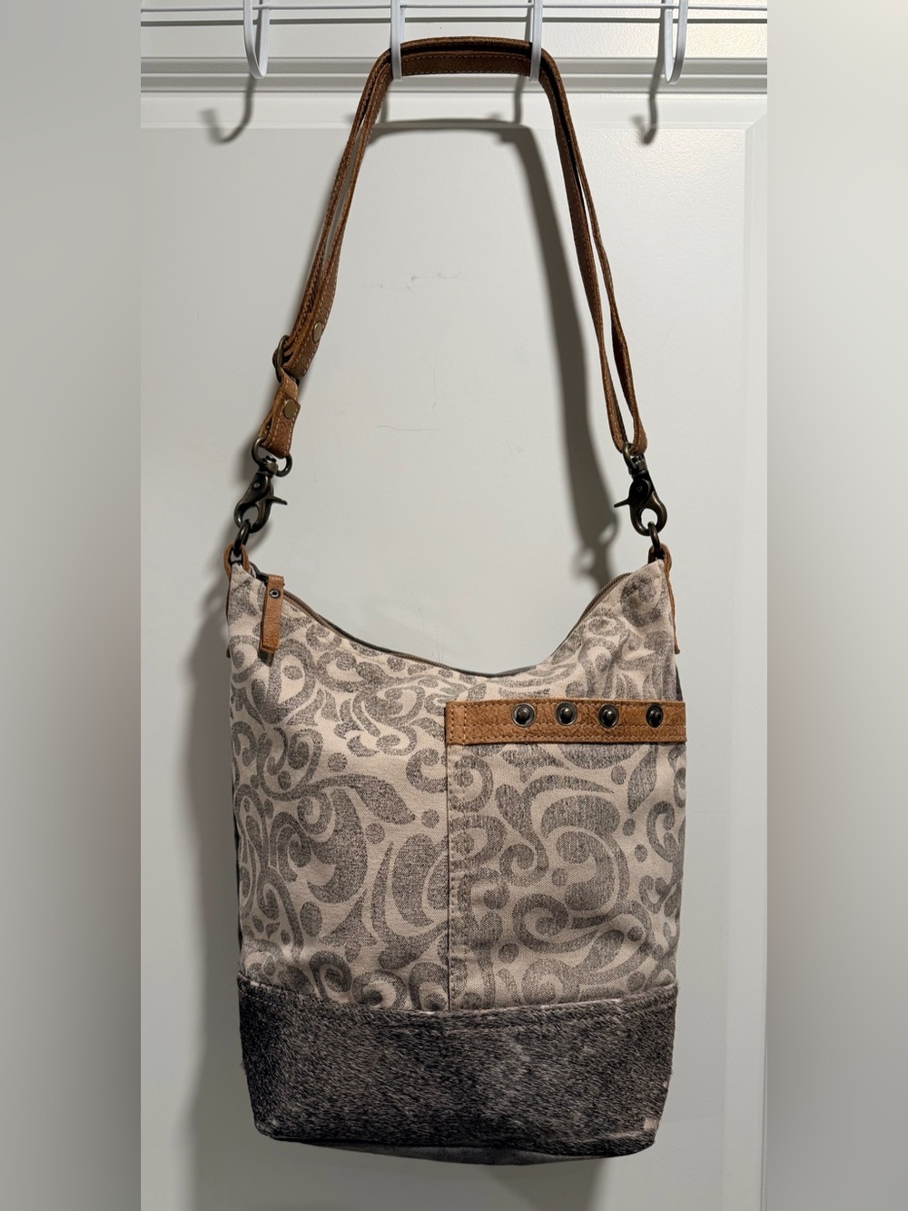 Myra Bag Floral Cowhide & Upcycled Canvas Shoulder Bag (Style S-1126)